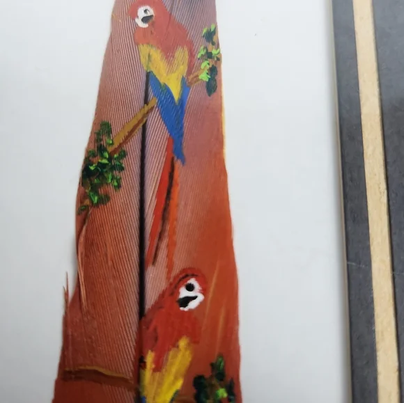 Costa Rica Hand Painted Feather Art Green PARROT Bird Lover Matted Framed 9x5 - Picture 5 of 6